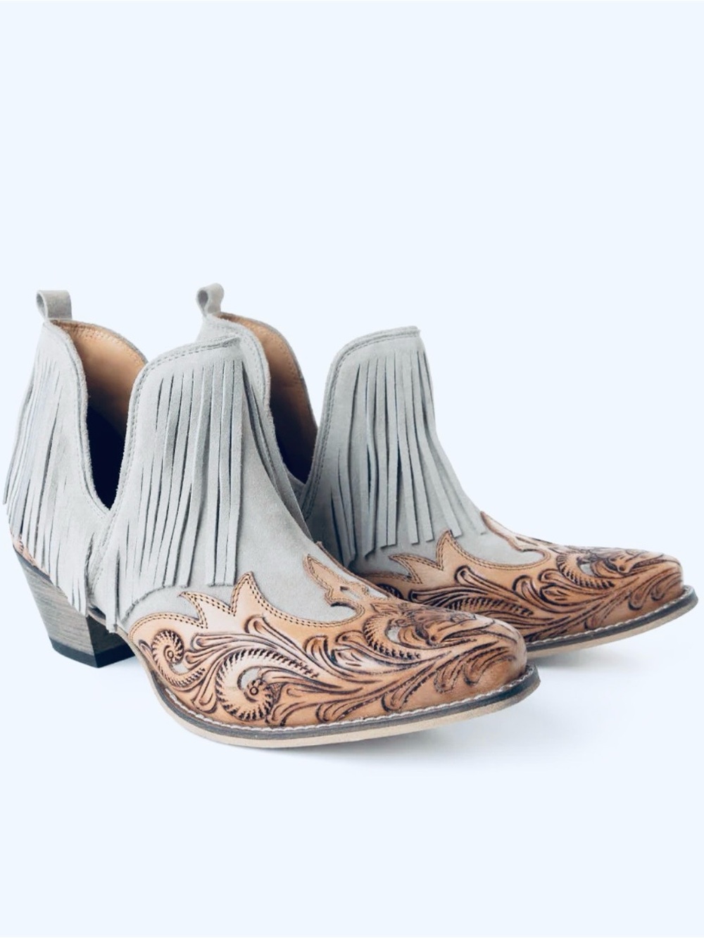 Myra Bag-Cimarron Belle Fringed Handtooled
Leather Booties in Wild Tan.